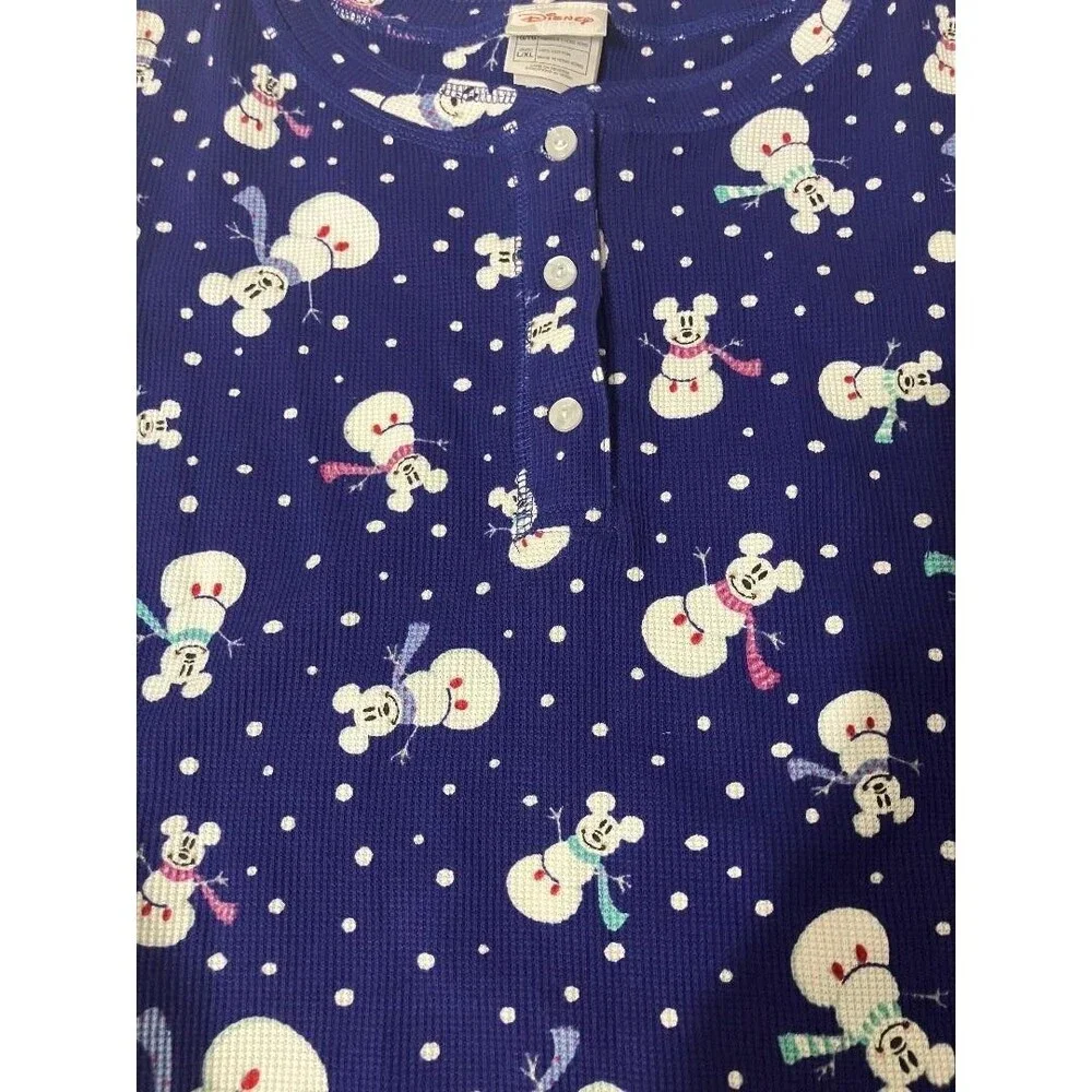 Disney Store Women’s  L/XL Blue Thermal Mickey Mouse Snowman Pajama Top Only NWT - Picture 4 of 6